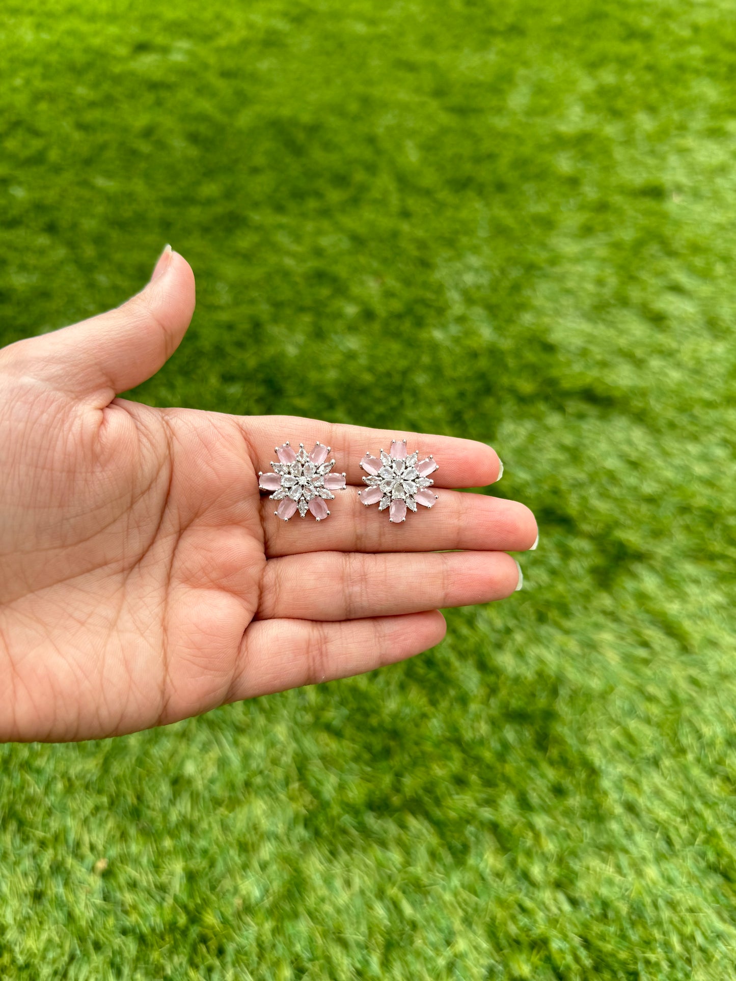 Pink/ Mint Cubic Zirconia Floral Shaped Studs was