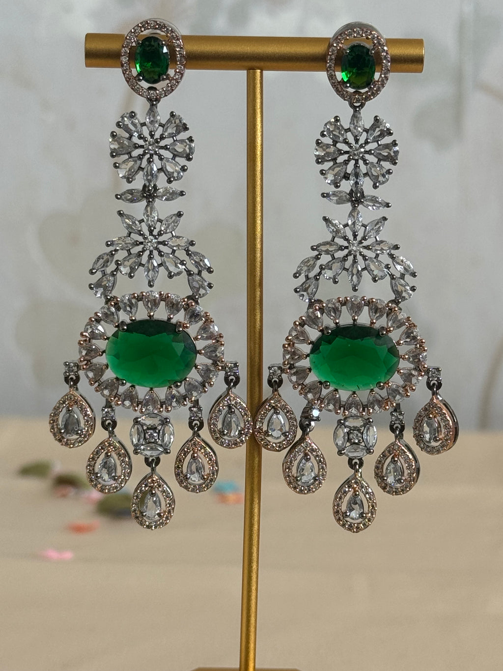 Cubic Zirconia Earrings | Emerald Green, oxidised polish