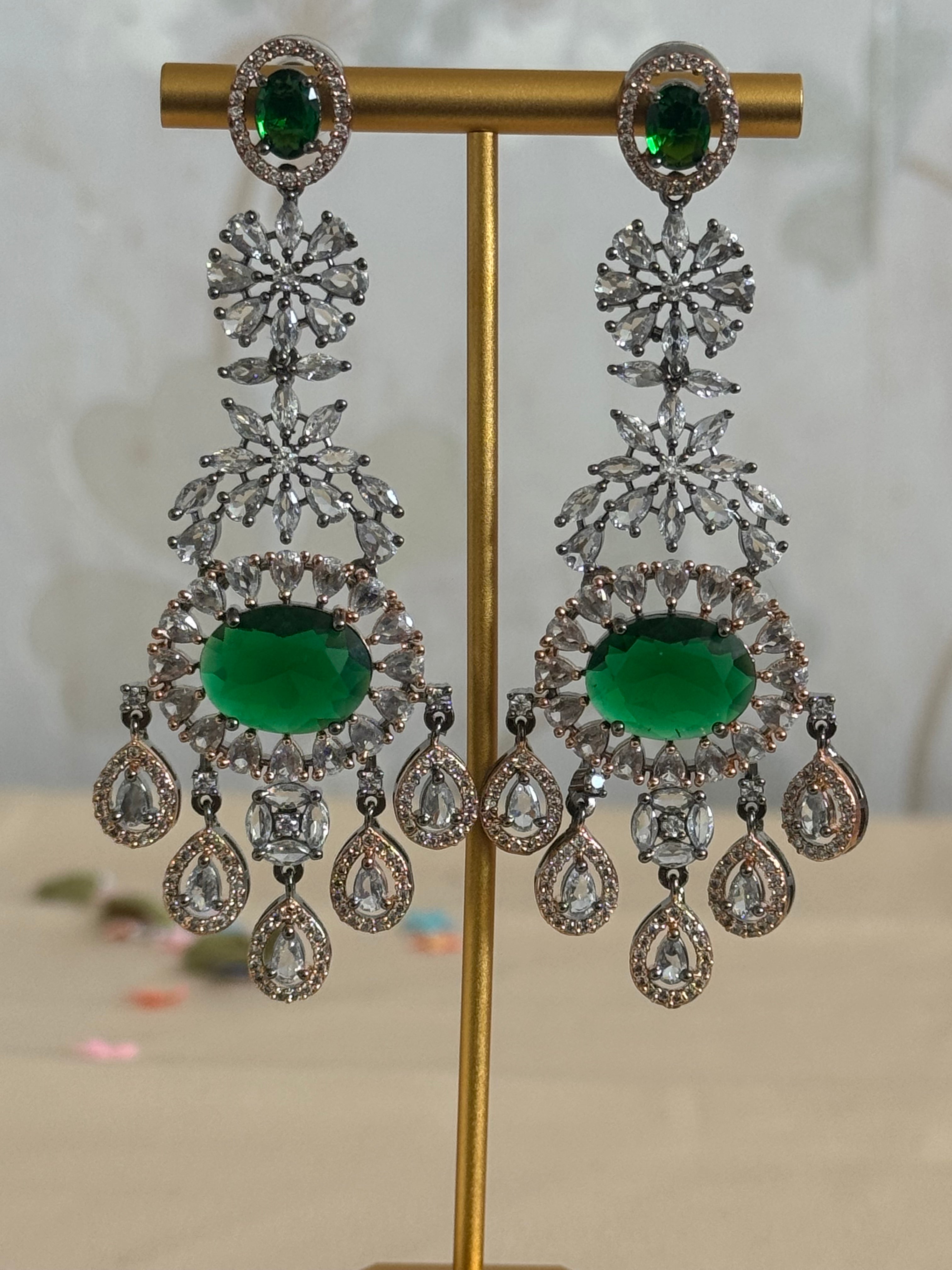 Cubic Zirconia Earrings | Emerald Green, oxidised polish