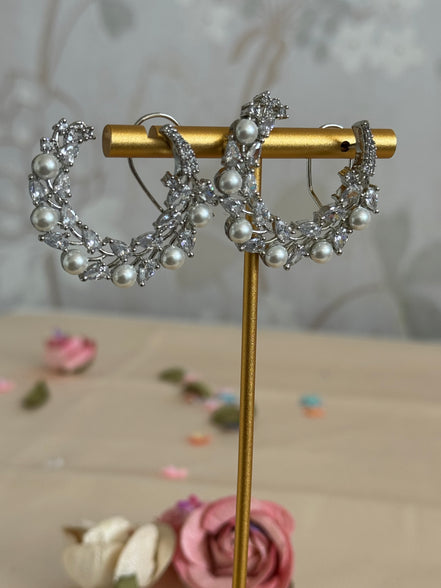 Cubic Zirconia Loop Earrings | Pearl and Silver plated