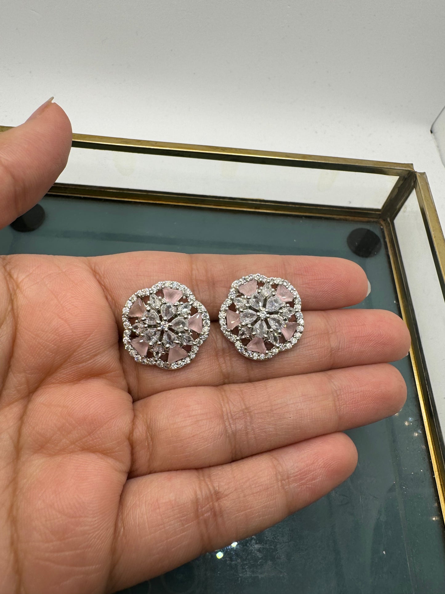 American Diamond Studs, floral silver, pink