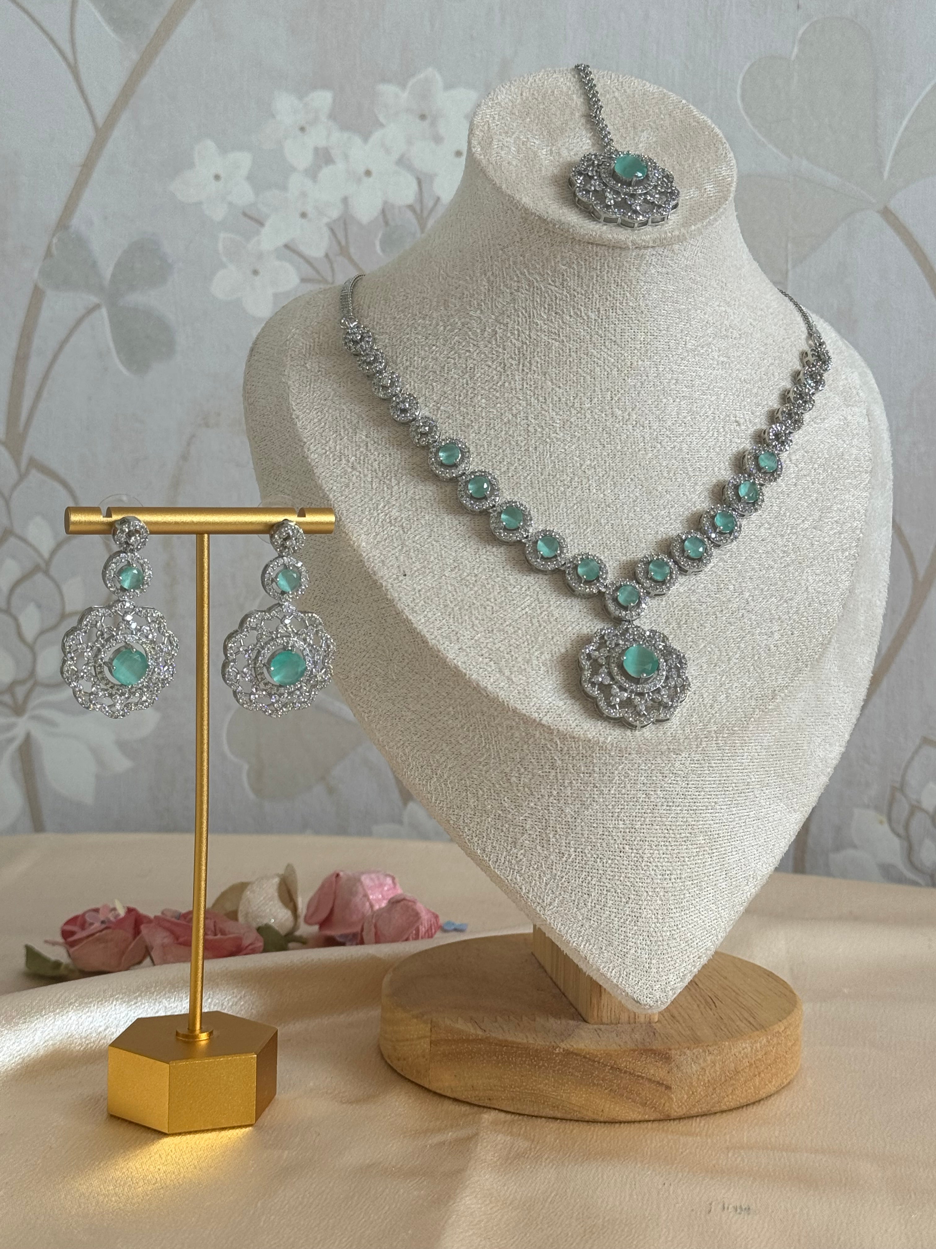 Cubic Zirconia Necklace set with matching tikka | Mint and silver