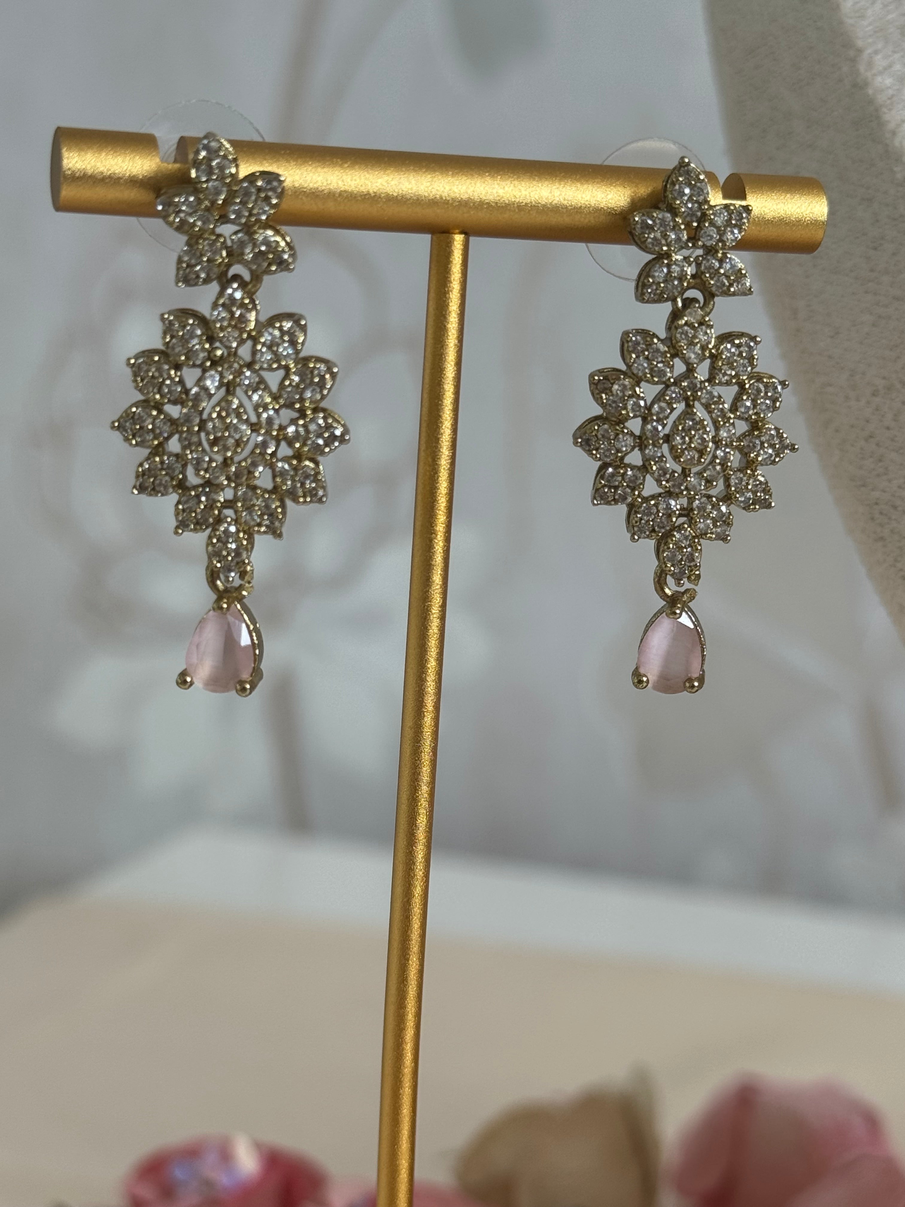 Modern Sleek Cubic zirconia necklace set | Pink and gold polish