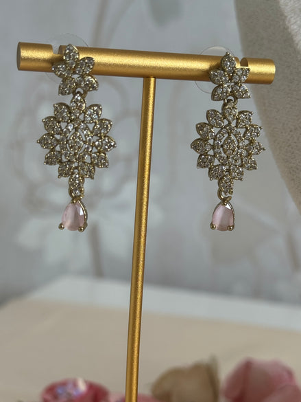 Modern Sleek Cubic zirconia necklace set | Pink and gold polish