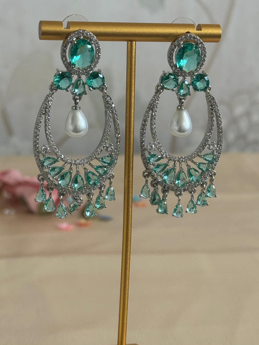 Cubic Zirconia Earrings | Pearl and Rama green