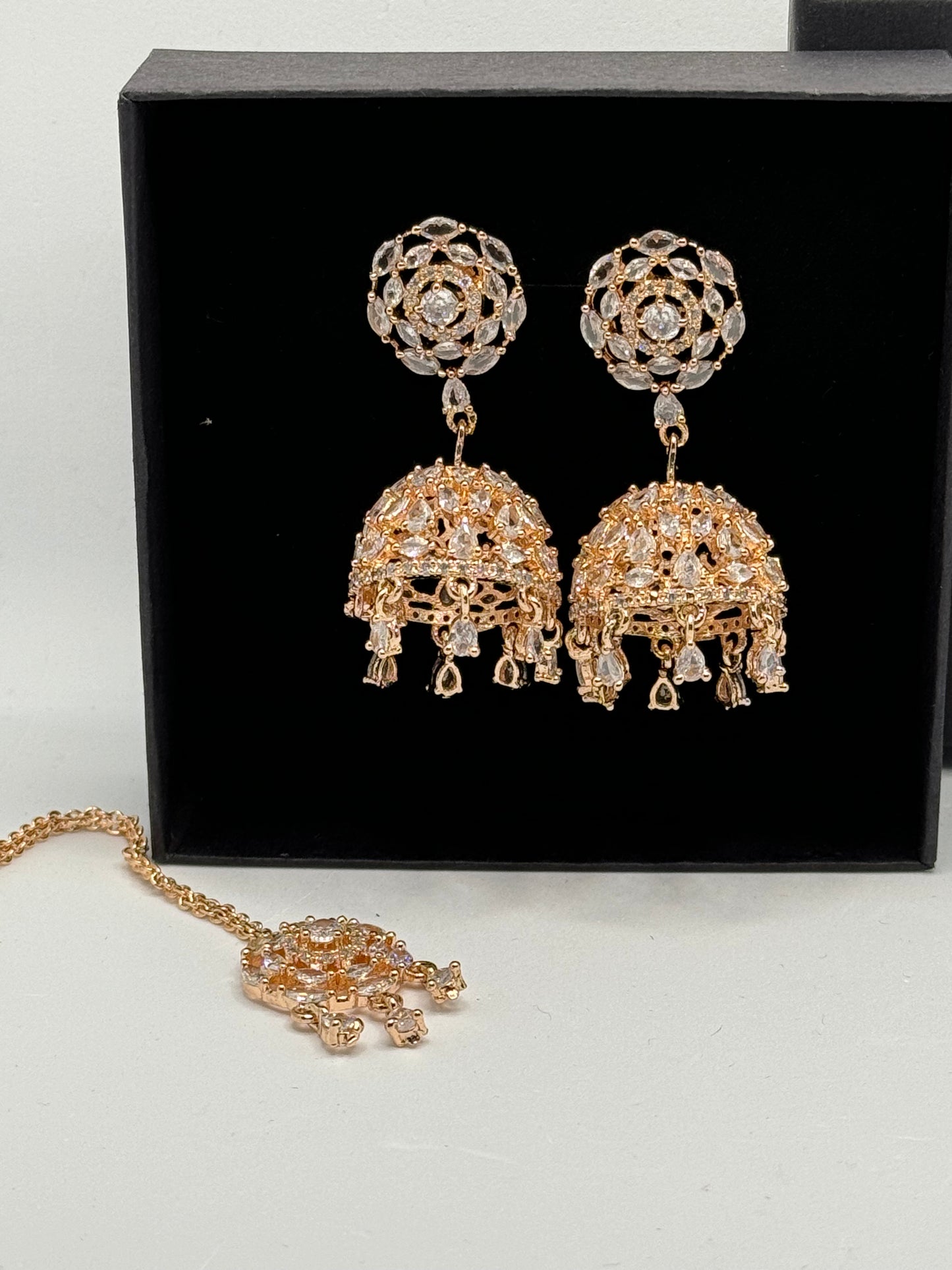 Indian Jhumka with tikka, American Diamond jhumka, gold plated cubic zirconia jhumka with tikka