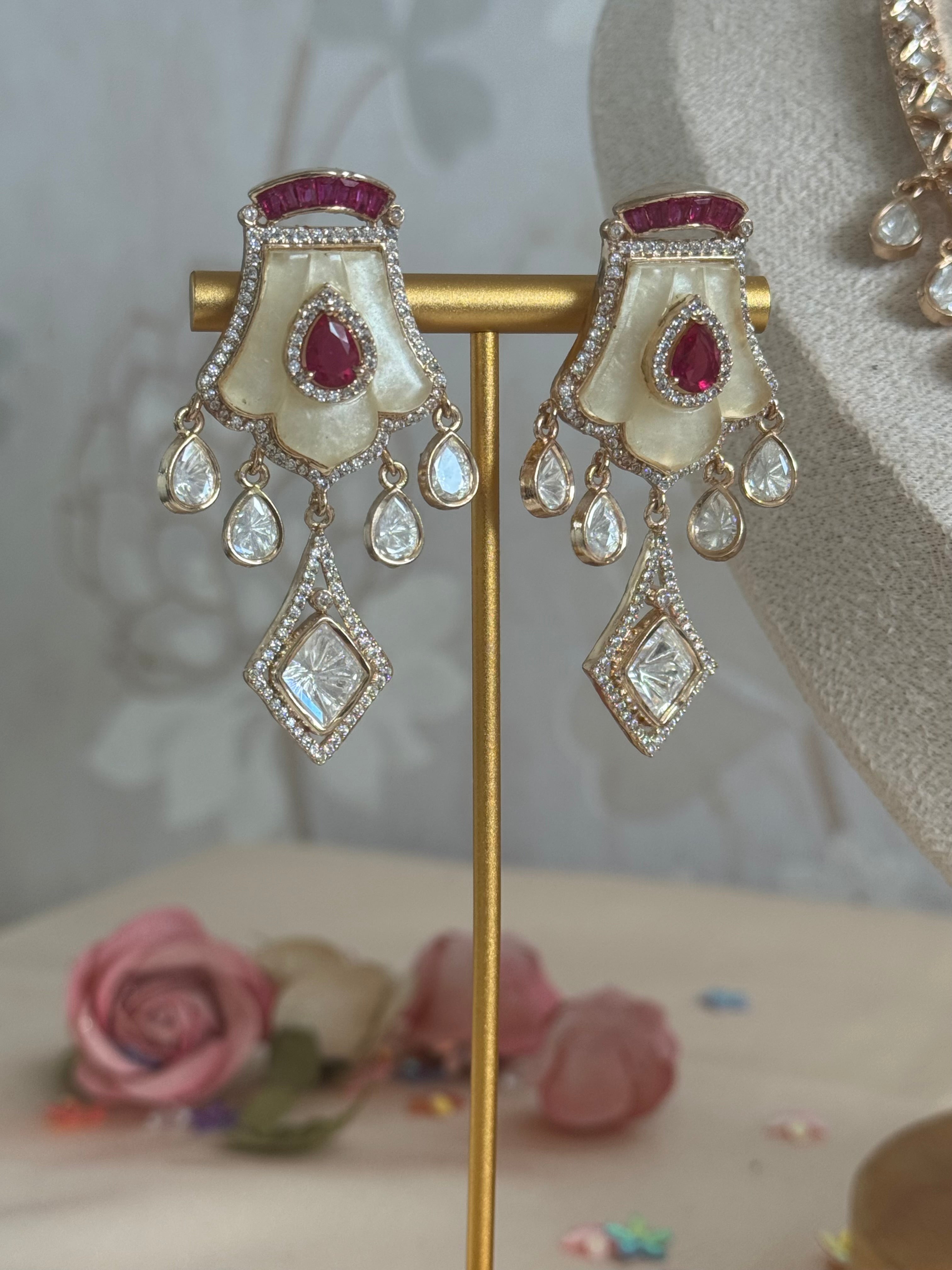 Mossainite Cubic Zirconia Necklace Set | Traditional South Asian Festive Necklace and earrings