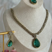 Sleek Modern Cubic Zirconia Indian Necklace set| Rama green