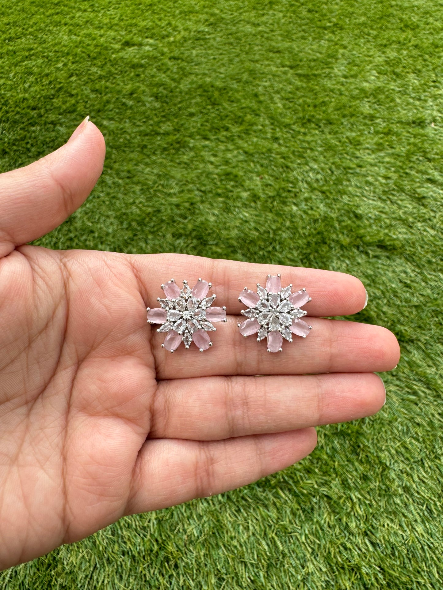 Pink/ Mint Cubic Zirconia Floral Shaped Studs was