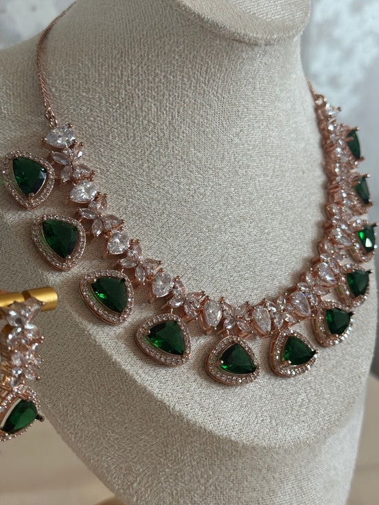 Cubic Zirconia Necklace set : Rose gold| ruby red, rama green, emerald green
