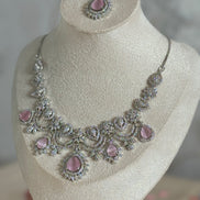 Engagement Bride, South asian cubic zirconia Necklace set | silver and pink