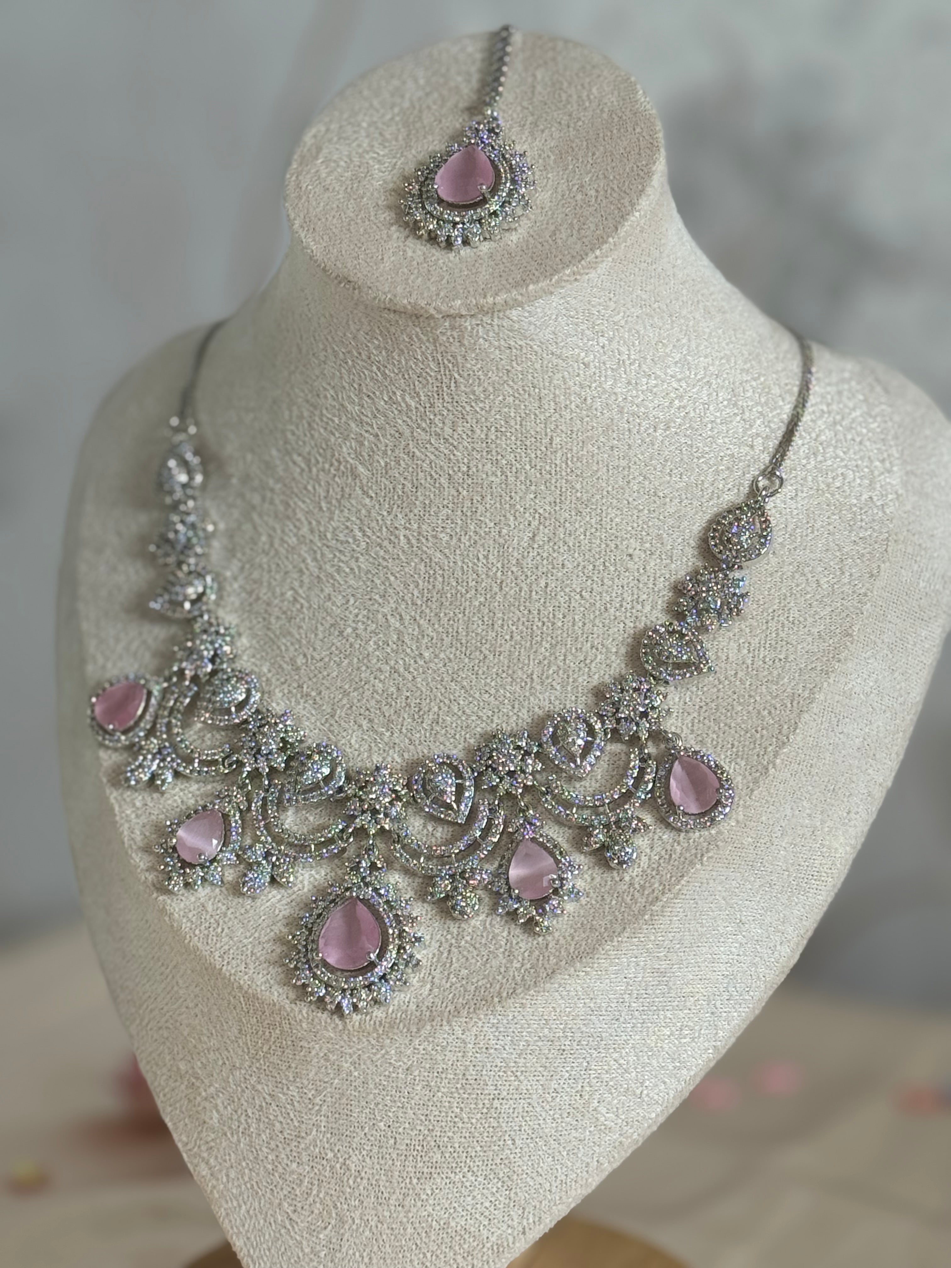 Engagement Bride, South asian cubic zirconia Necklace set | silver and pink