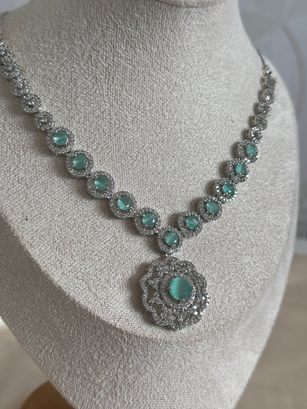 Cubic Zirconia Necklace set with matching tikka | Mint and silver