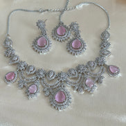 Engagement Bride, South asian cubic zirconia Necklace set | silver and pink