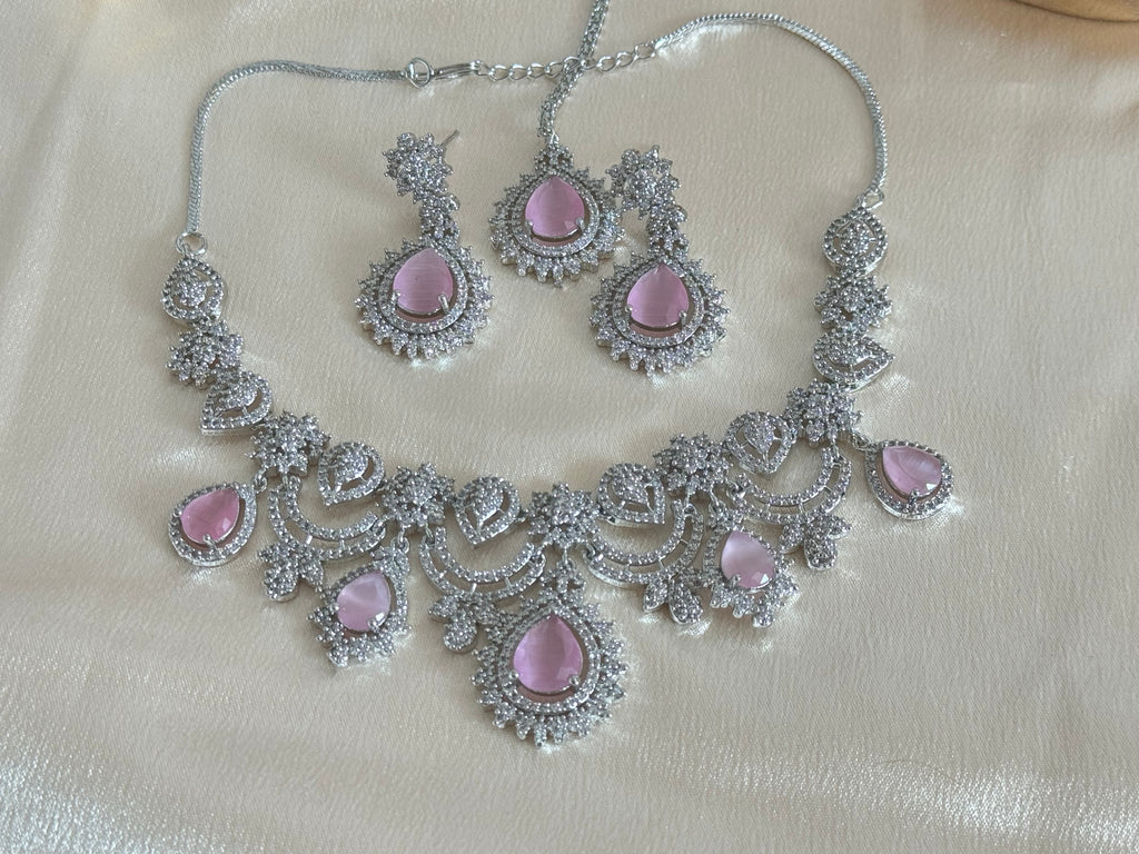 Engagement Bride, South asian cubic zirconia Necklace set | silver and pink