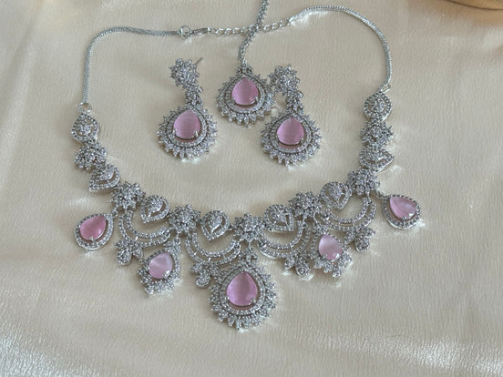 Engagement Bride, South asian cubic zirconia Necklace set | silver and pink