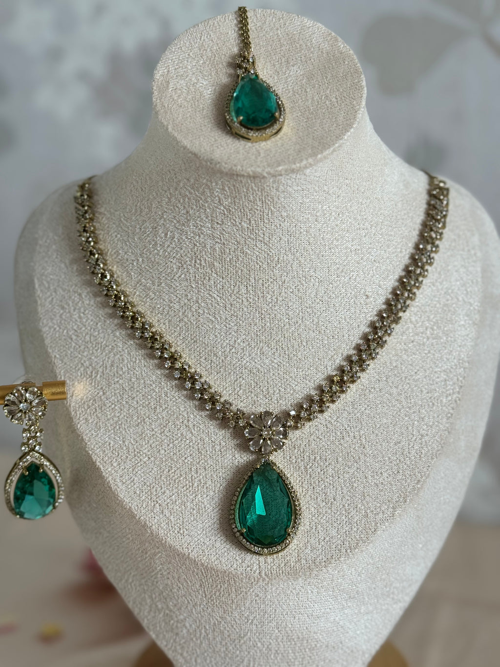 Sleek Modern Cubic Zirconia Indian Necklace set| Rama green