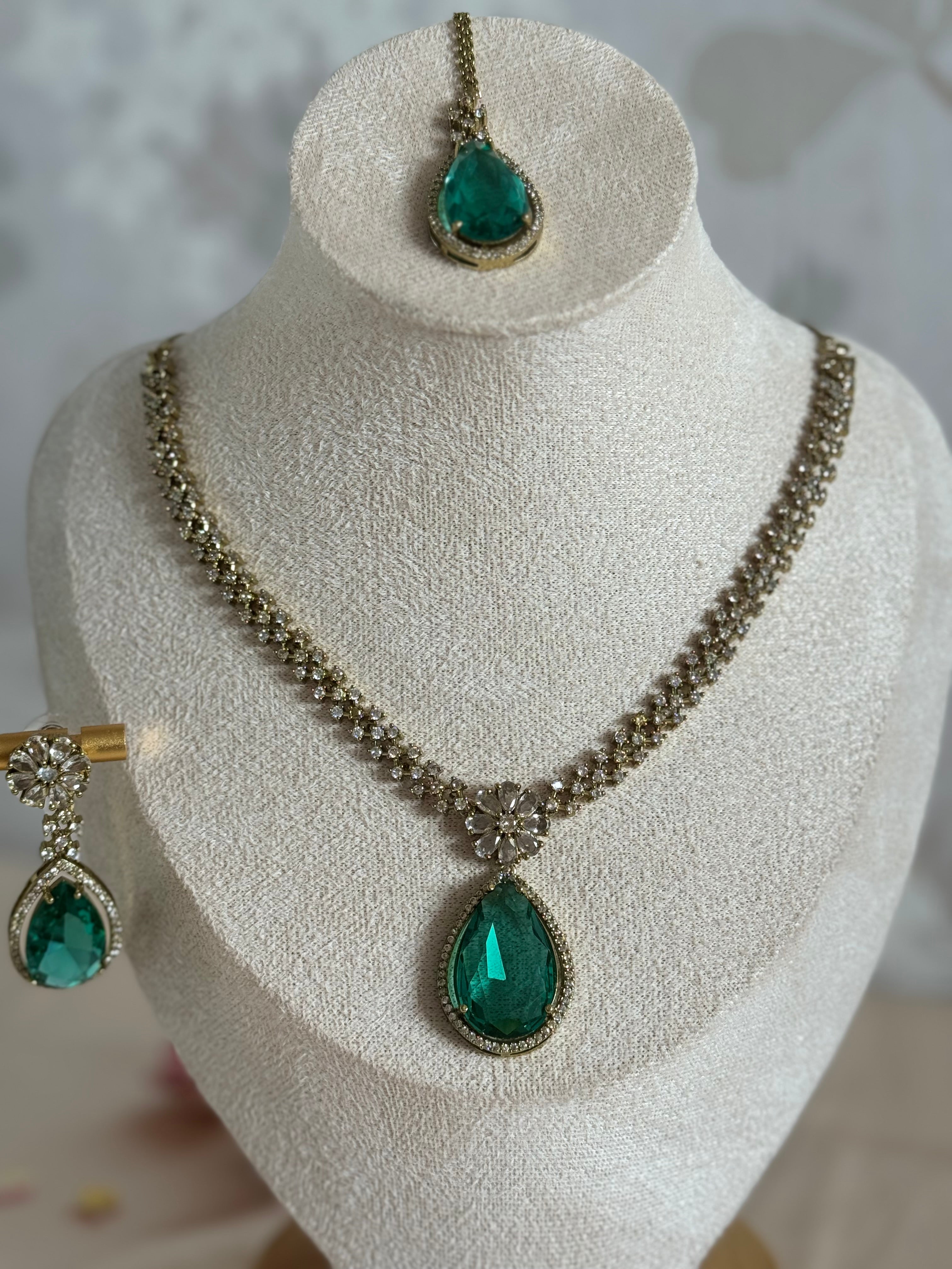 Sleek Modern Cubic Zirconia Indian Necklace set| Rama green