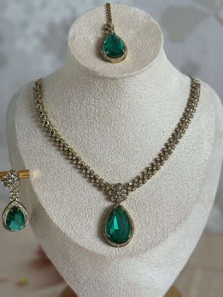 Sleek Modern Cubic Zirconia Indian Necklace set| Rama green