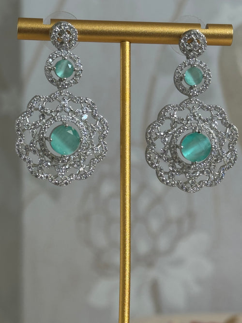Cubic Zirconia Necklace set with matching tikka | Mint and silver