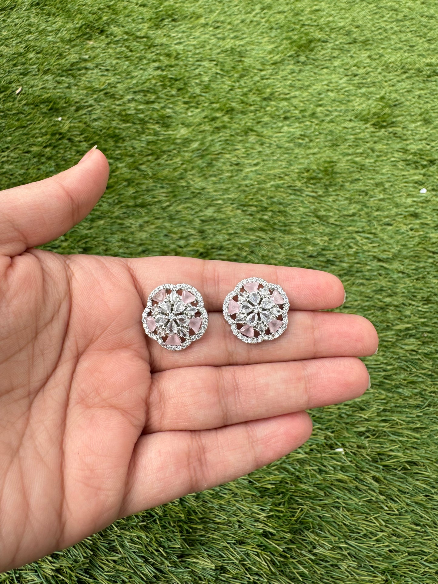 American Diamond Studs, floral silver, pink