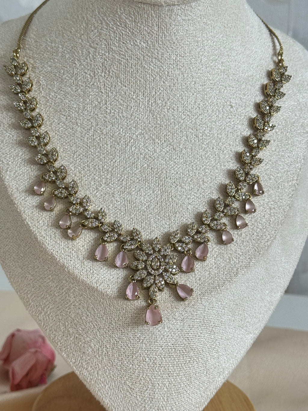 Modern Sleek Cubic zirconia necklace set | Pink and gold polish
