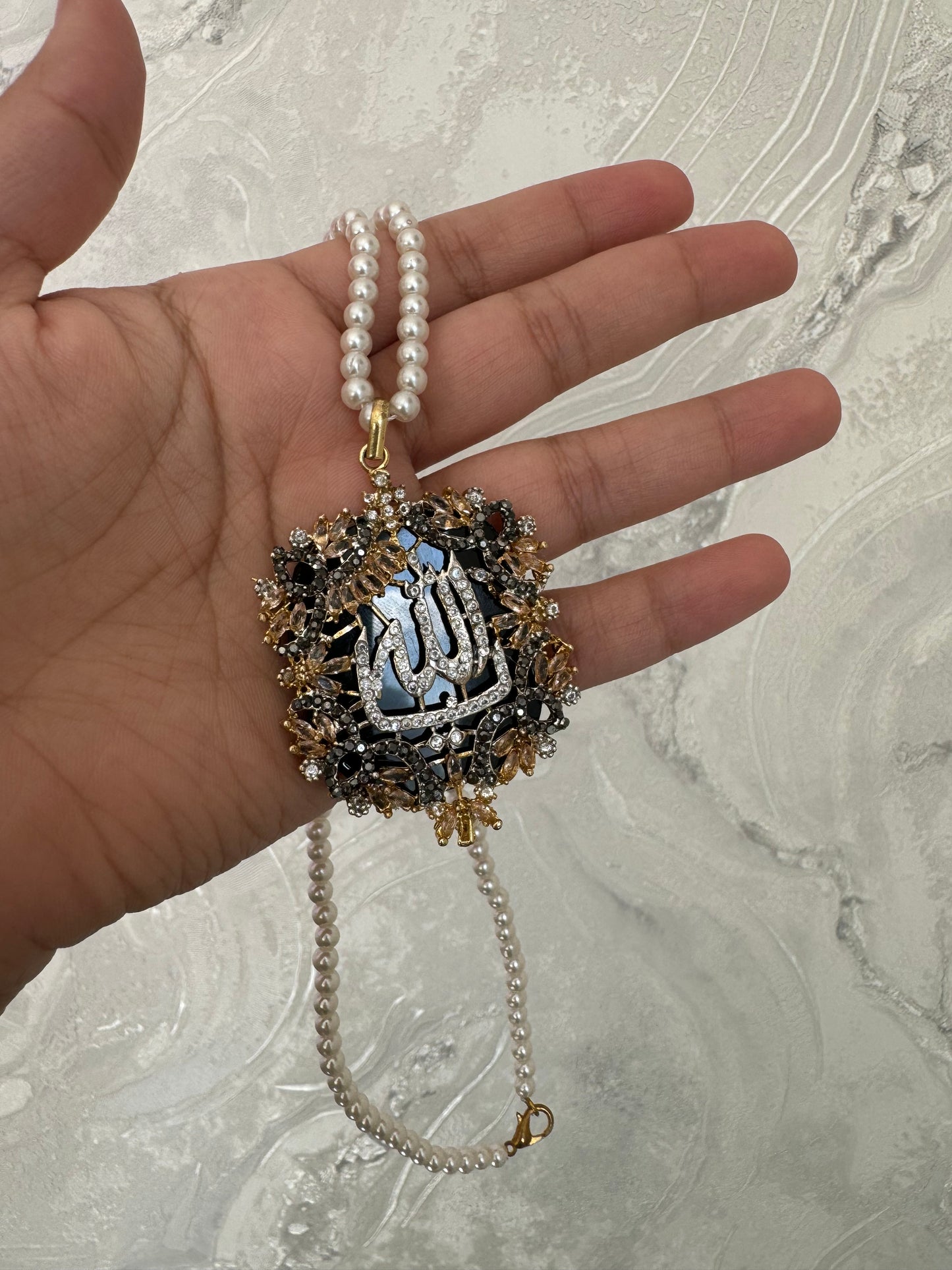 Islamic Calligraphy jewellery- Allah pearl maala in black color and cubic zirconia stones