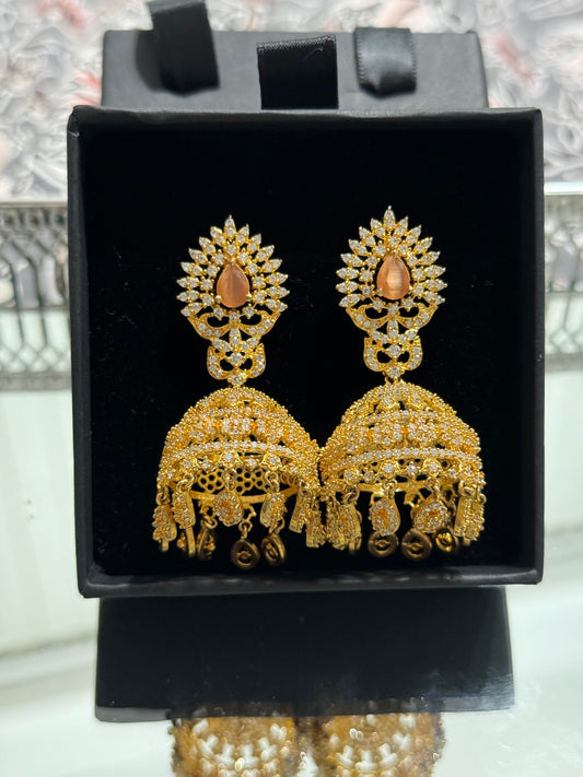 American Diamond Gold Plated Indian Jhuma earrings, Cubic Zirconia Jhumka, Pakistani style Jhumka earrings