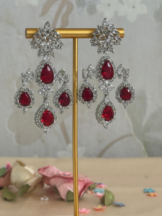 Cubic Zirconia Earrings | Ruby red and silver