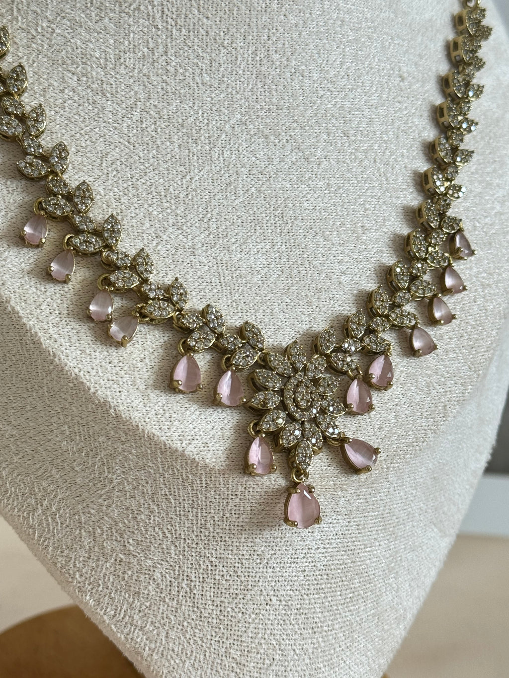 Modern Sleek Cubic zirconia necklace set | Pink and gold polish