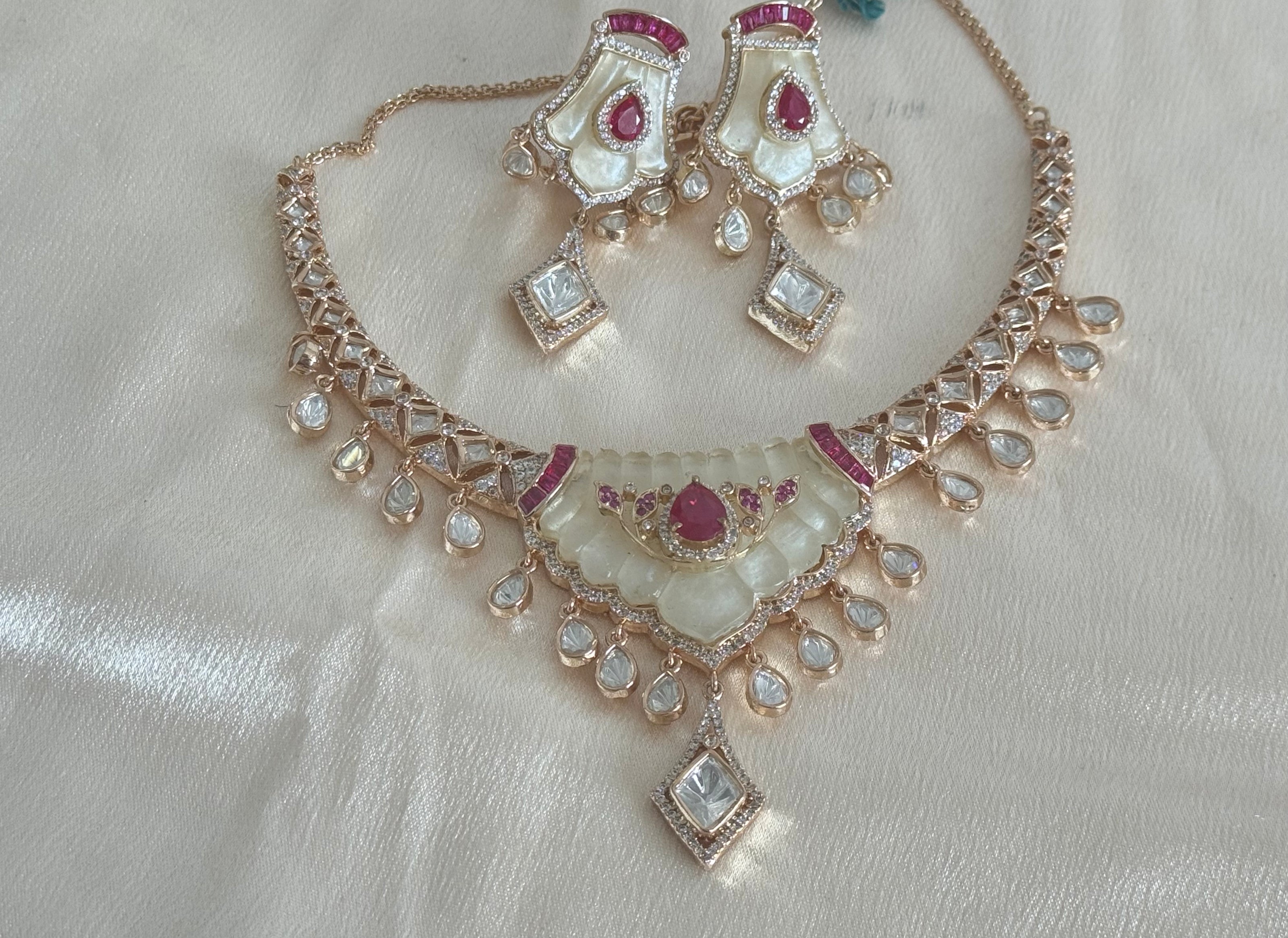 Mossainite Cubic Zirconia Necklace Set | Traditional South Asian Festive Necklace and earrings