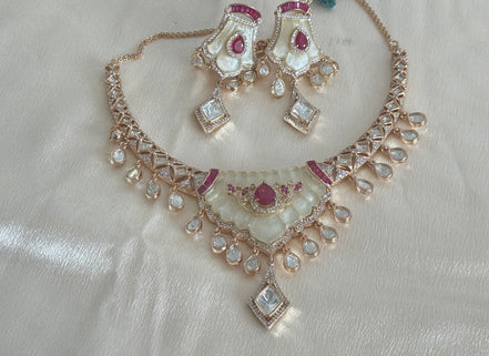 Mossainite Cubic Zirconia Necklace Set | Traditional South Asian Festive Necklace and earrings