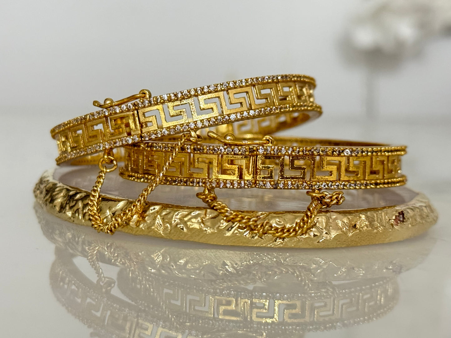 Versace inspired bangle pair, gold plated, openable bangles