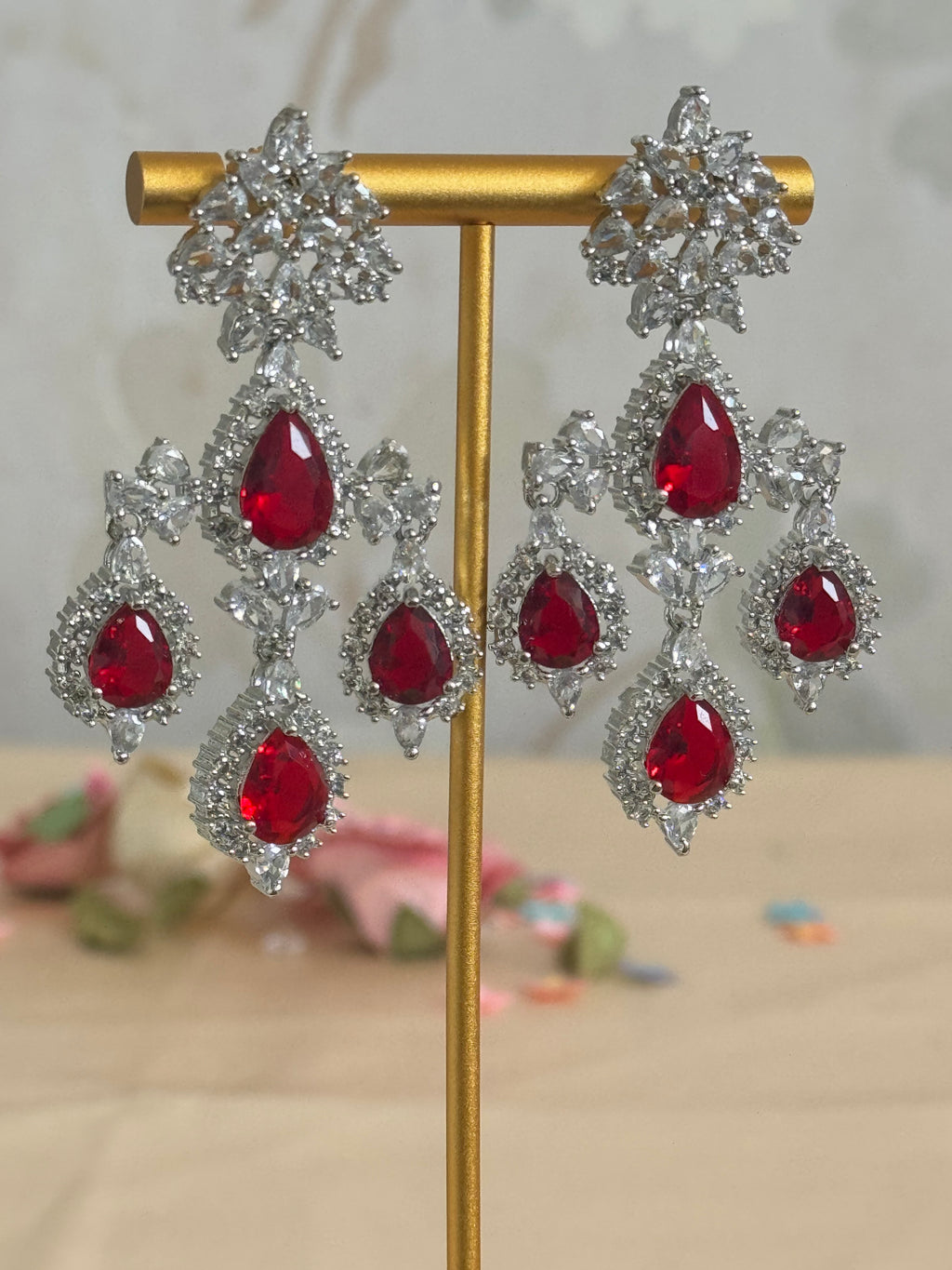 Cubic Zirconia Earrings | Ruby red and silver