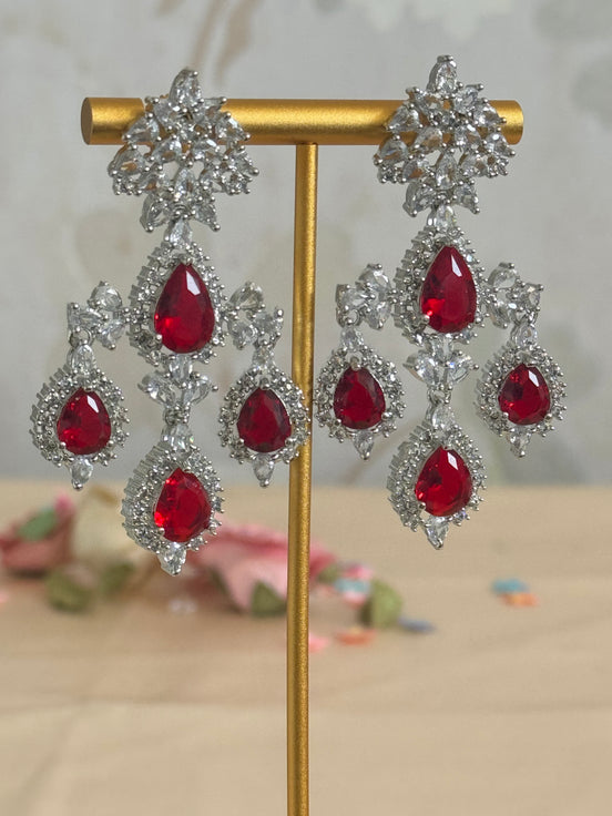 Cubic Zirconia Earrings | Ruby red and silver