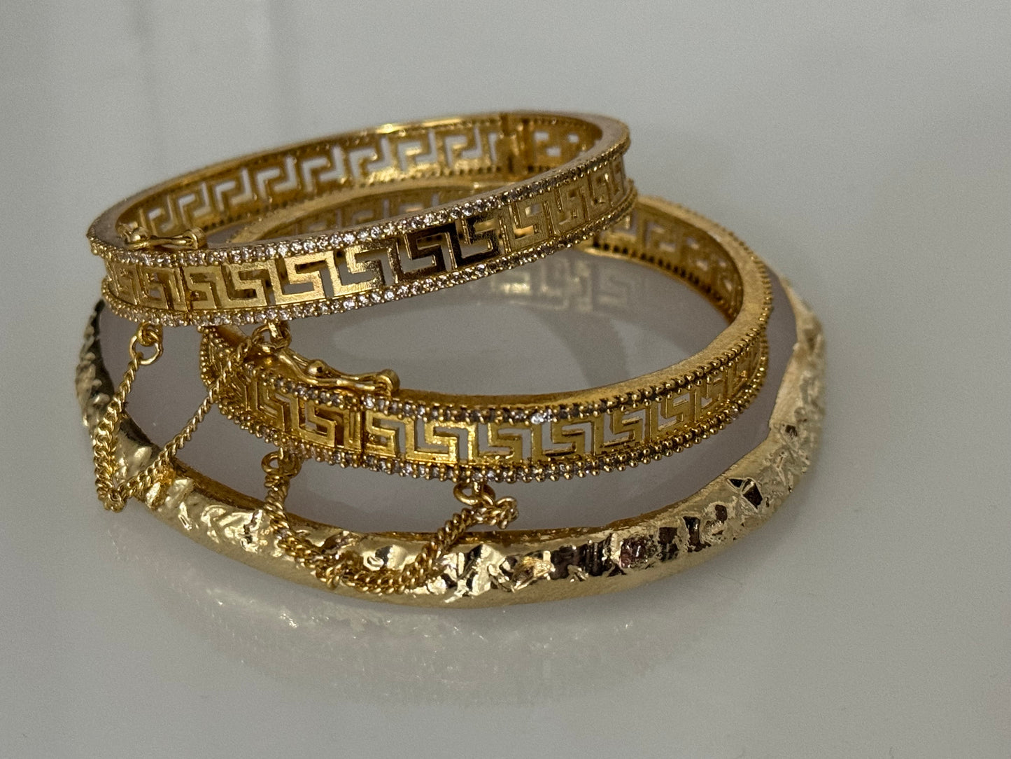 Versace inspired bangle pair, gold plated, openable bangles