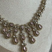 Indian cubic zirconia Necklace set in oxidised gold polish | pink and gold