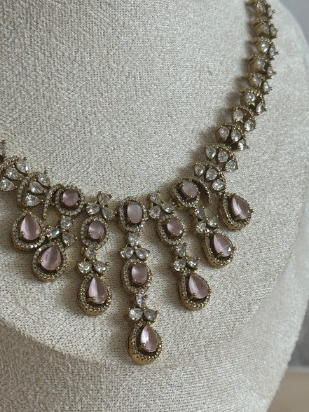 Indian cubic zirconia Necklace set in oxidised gold polish | pink and gold