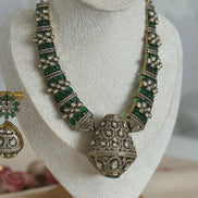 Traditional Ethnic Cultural Indian Cubic zirconia and Mossanite Necklace set | Emerald green and gold plated