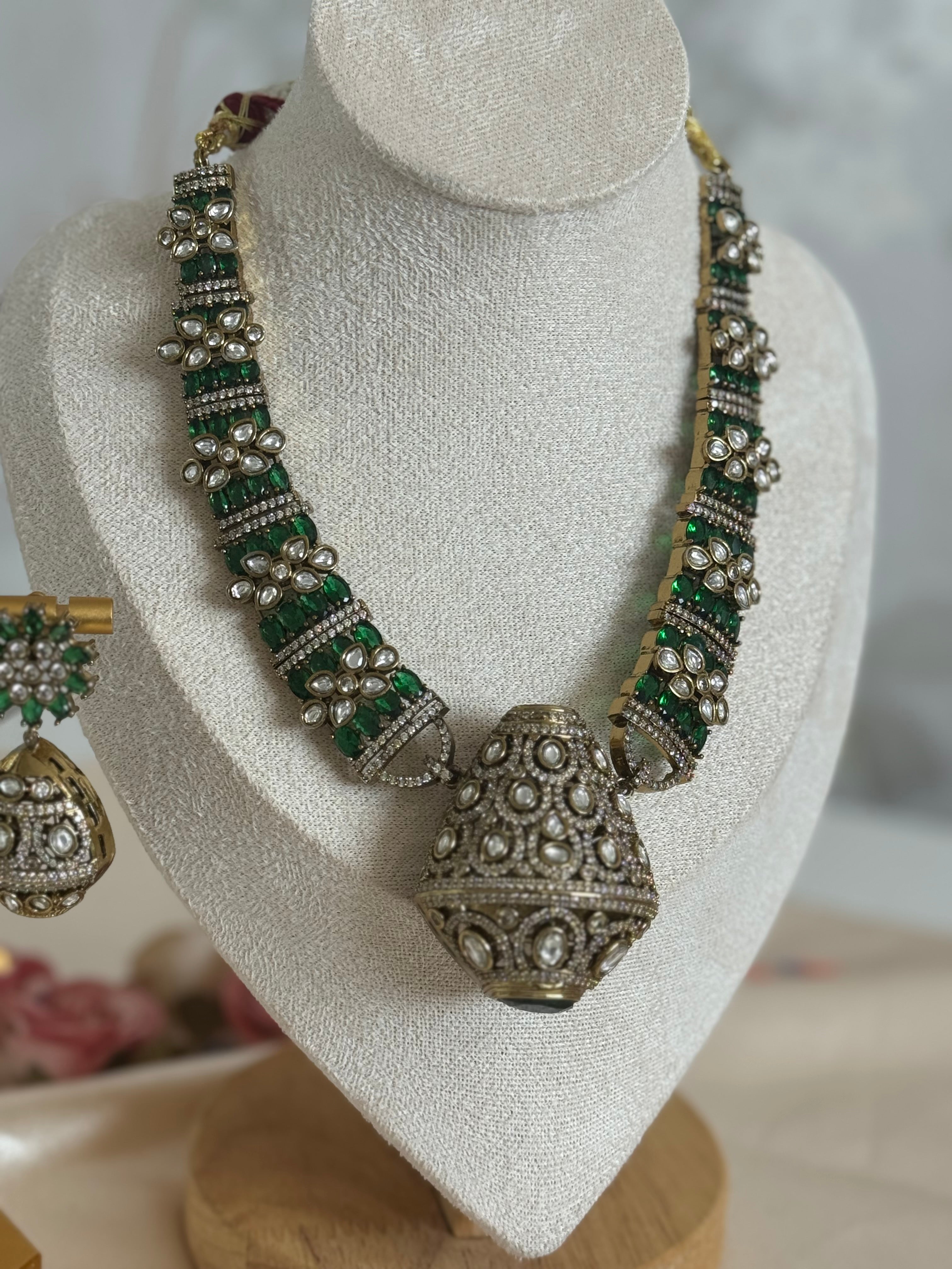 Traditional Ethnic Cultural Indian Cubic zirconia and Mossanite Necklace set | Emerald green and gold plated