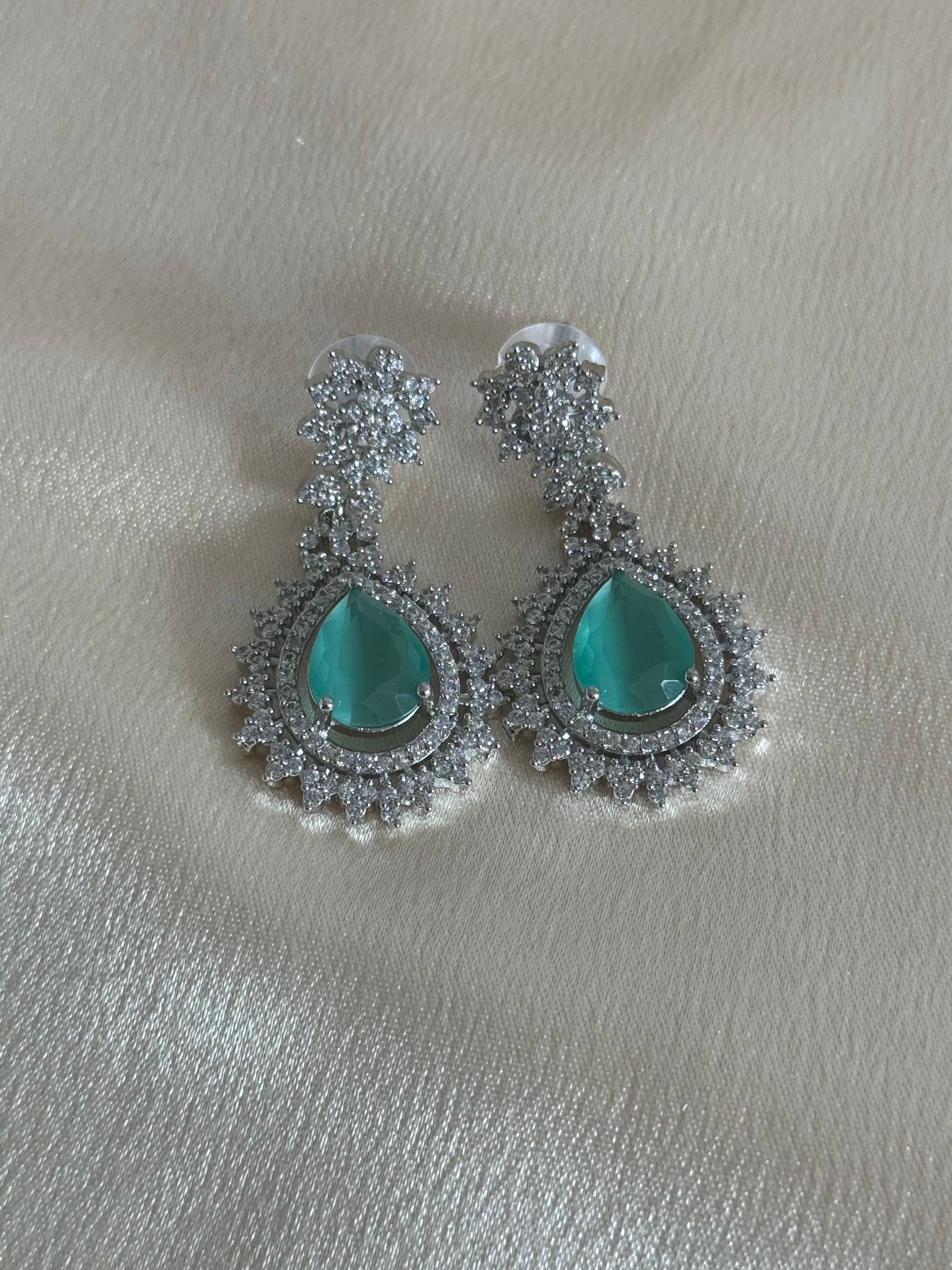Engagement Indian Necklace Set with Cubic Zirconia stones | mint and silver
