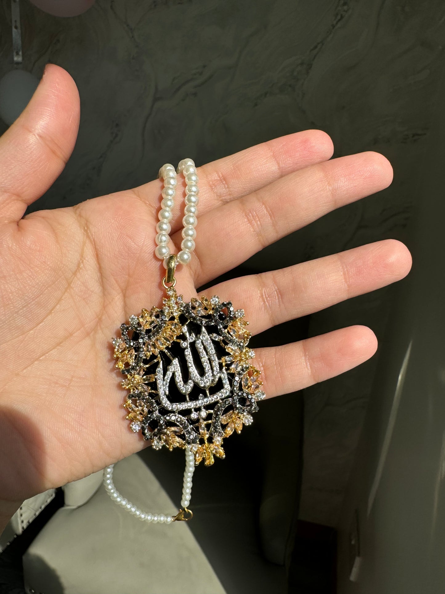 Islamic Calligraphy jewellery- Allah pearl maala in black color and cubic zirconia stones