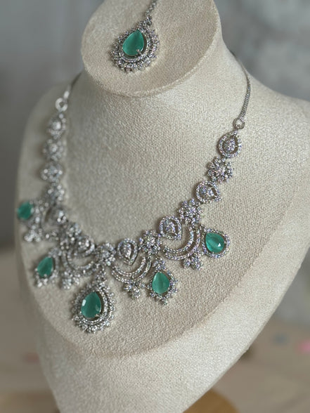 Engagement Indian Necklace Set with Cubic Zirconia stones | mint and silver
