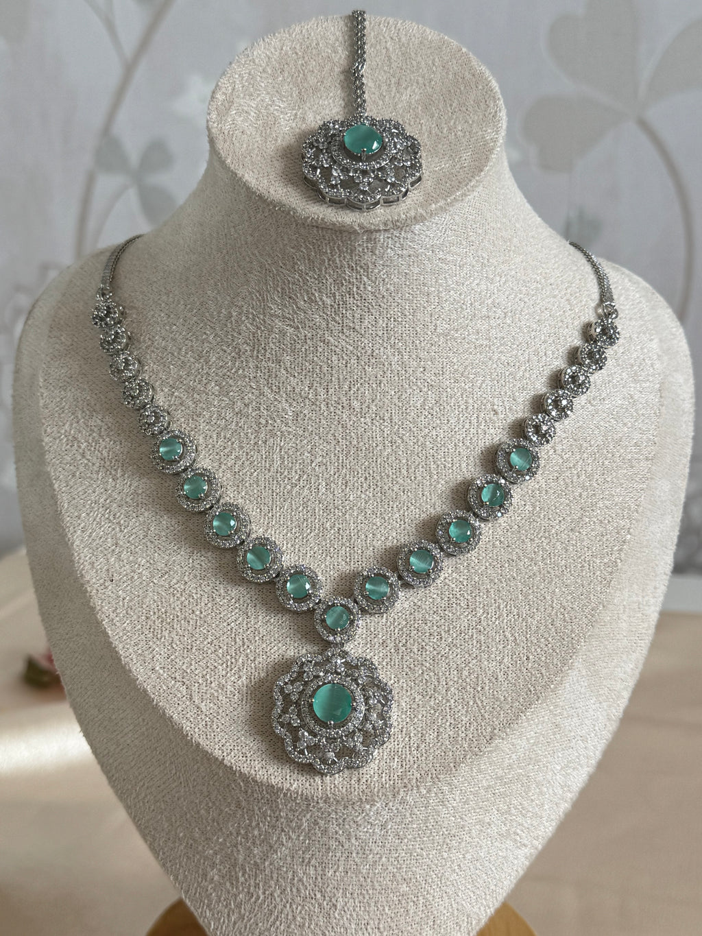 Cubic Zirconia Necklace set with matching tikka | Mint and silver