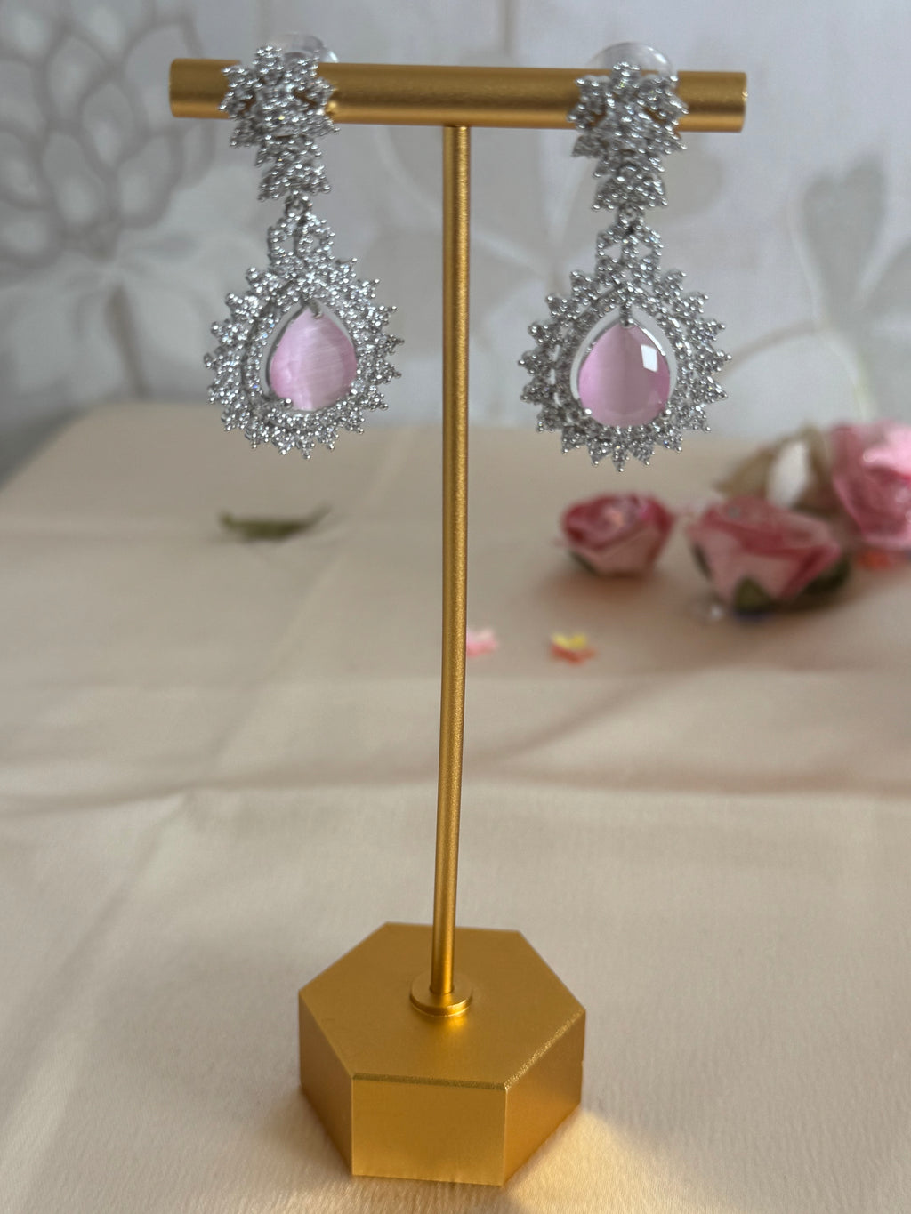 Engagement Bride, South asian cubic zirconia Necklace set | silver and pink