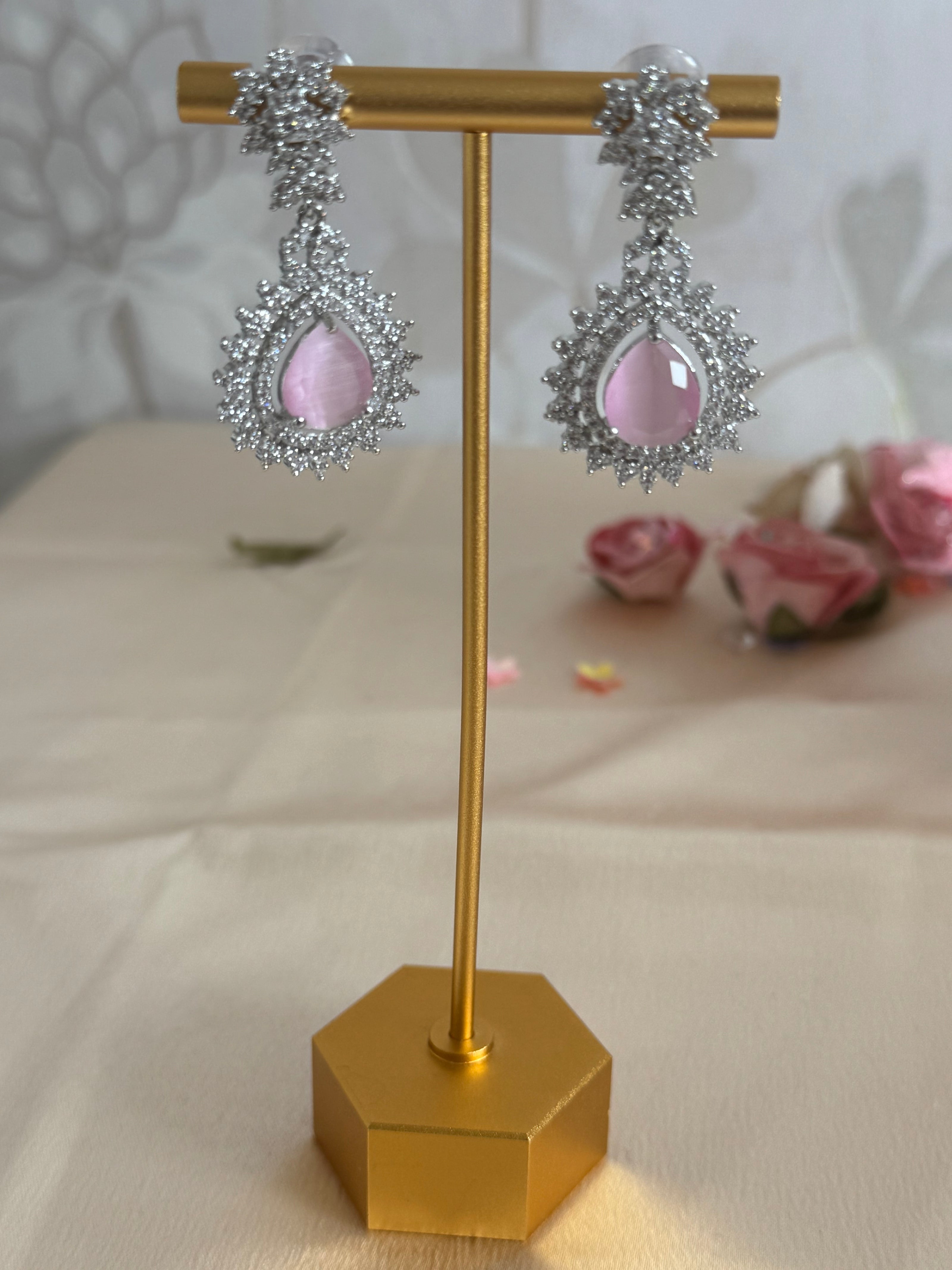 Engagement Bride, South asian cubic zirconia Necklace set | silver and pink