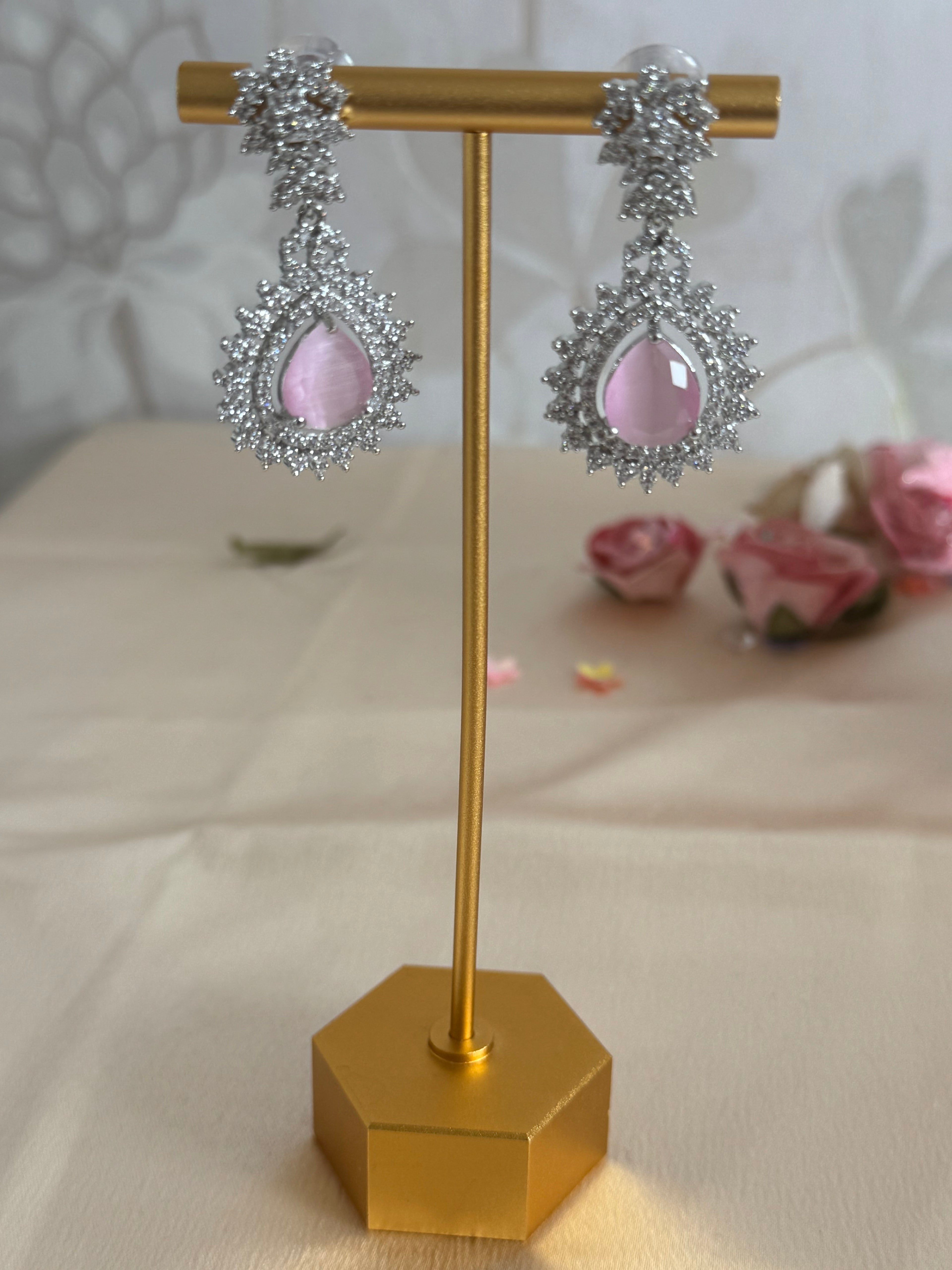 Engagement Bride, South asian cubic zirconia Necklace set | silver and pink