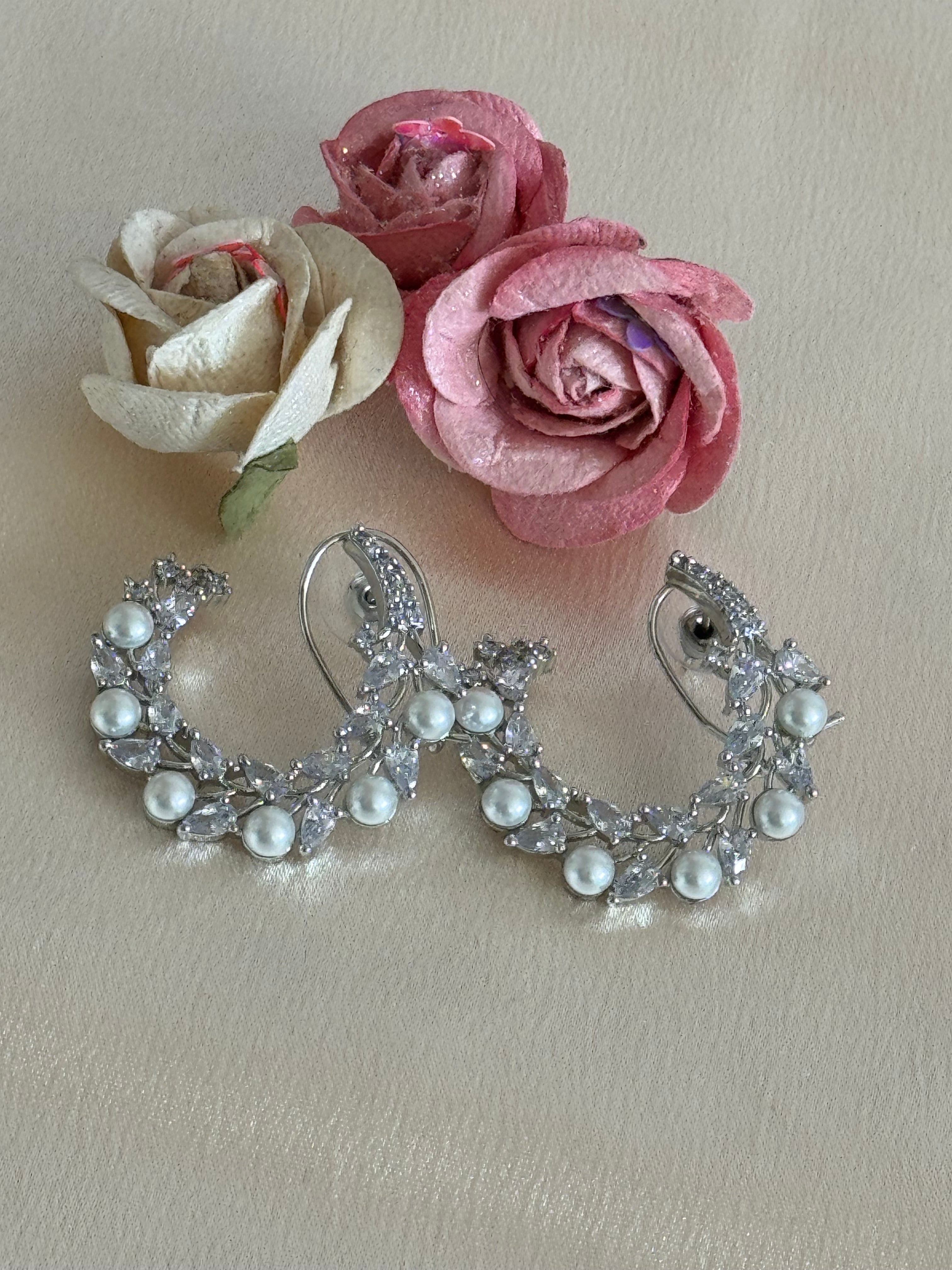Cubic Zirconia Loop Earrings | Pearl and Silver plated