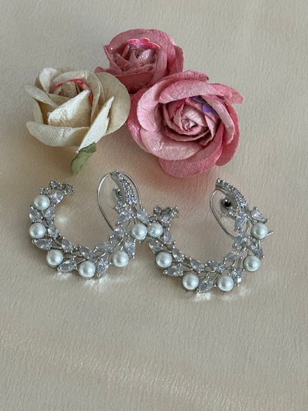 Cubic Zirconia Loop Earrings | Pearl and Silver plated