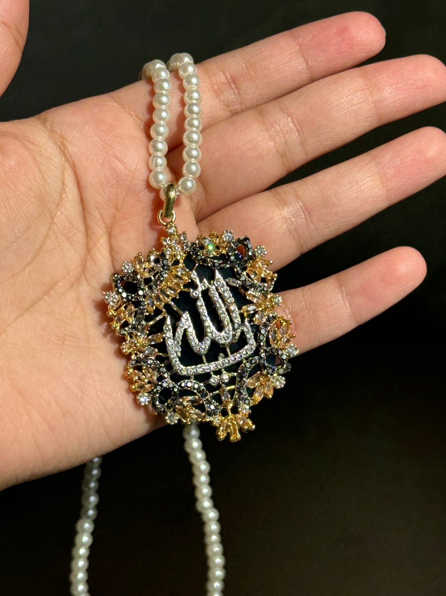 Islamic Calligraphy jewellery- Allah pearl maala in black color and cubic zirconia stones